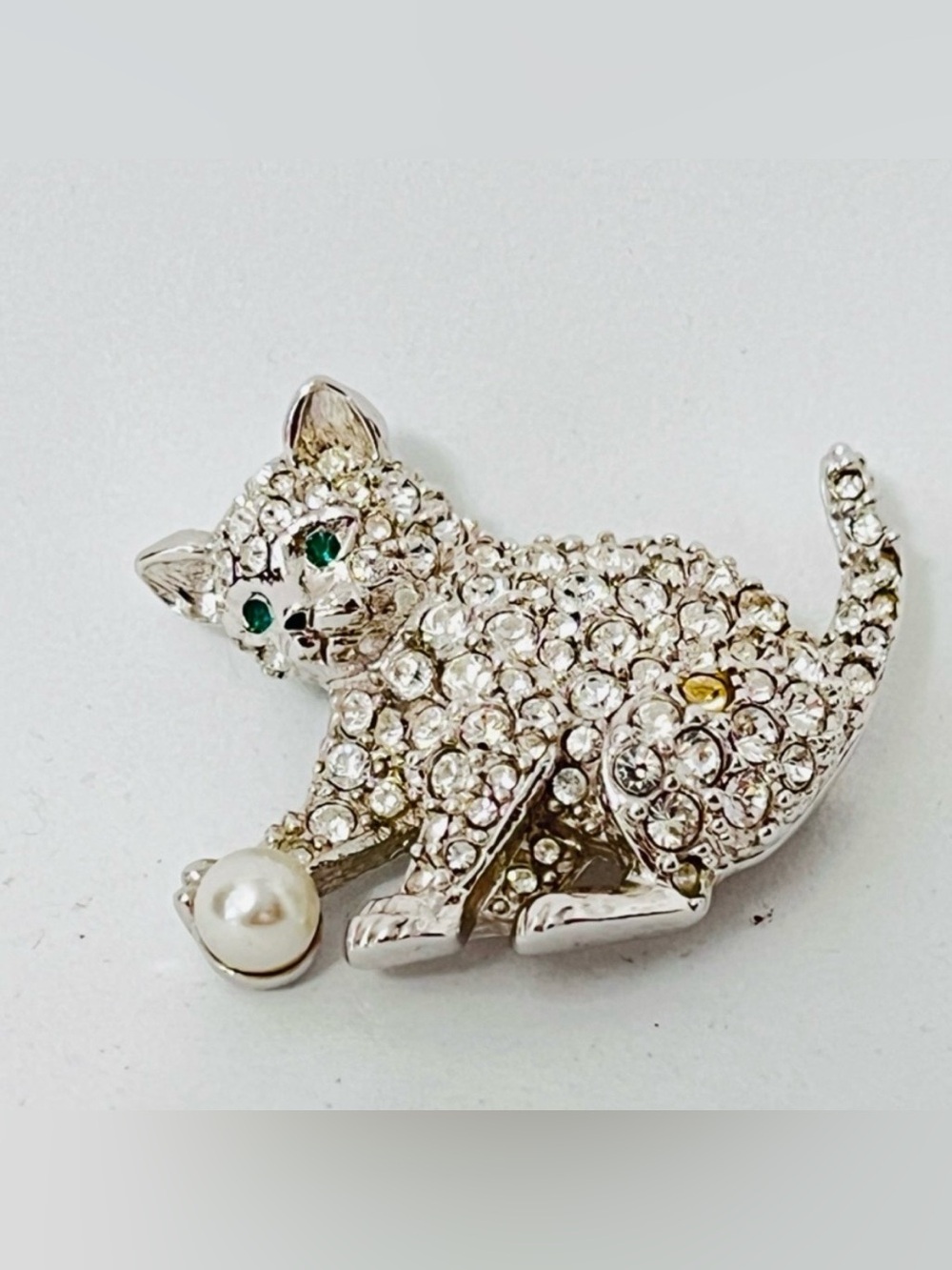 Swarovski Pave Crystal Cat Brooch Green Eyes Retired